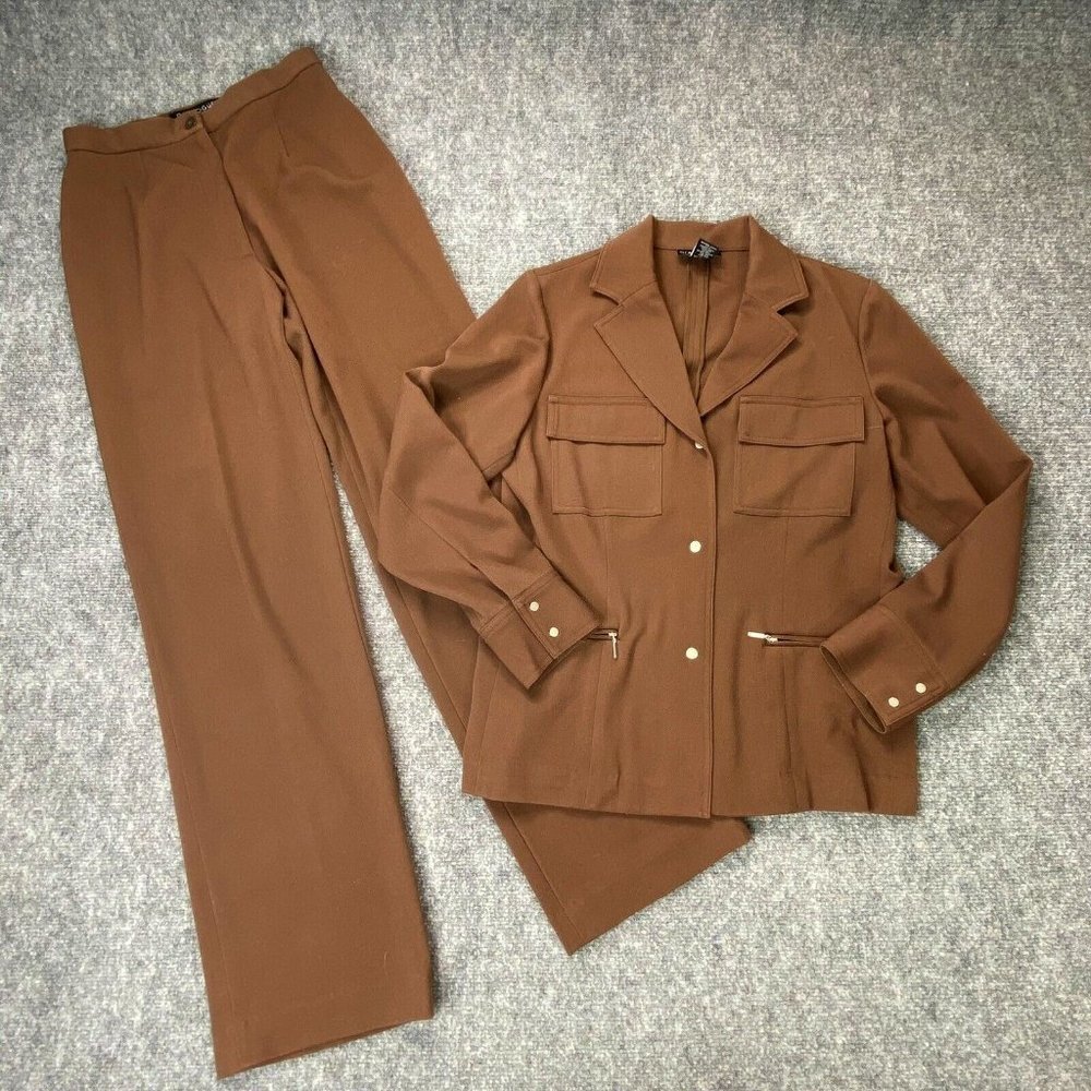 VTG Y2K Dialogue Pantsuit Women 4 Brown 2pc Straight Leg Career Minimalist Retro